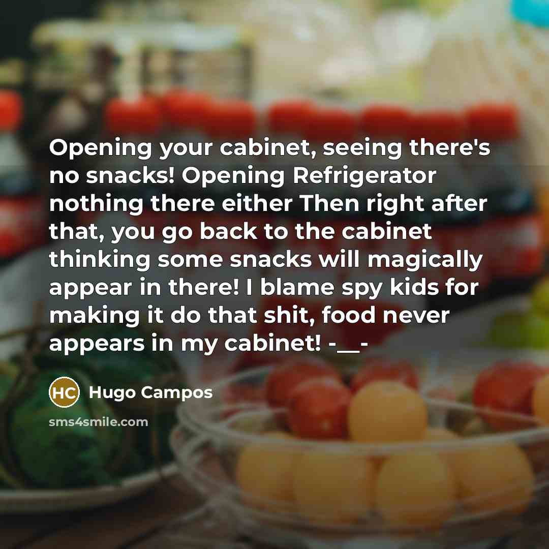 “Opening your cabinet, seeing there's no snacks! Opening Refrigerator nothing there either Then right after that, you go back to the cabinet thinking some snacks will magically appear in there! I blame spy kids for making it do that shit, food never appears in my cabinet! -__-” quote by Hugo Campos
