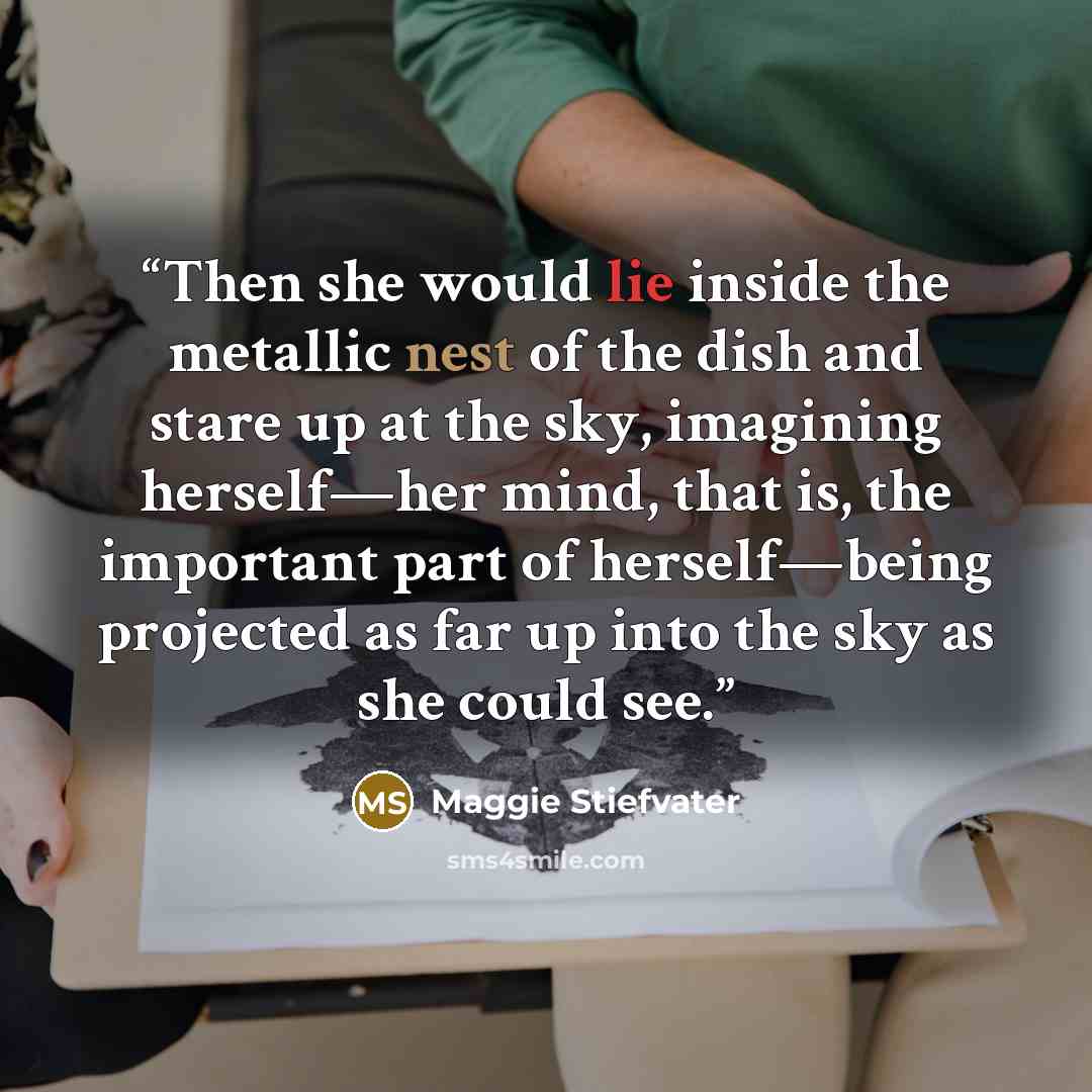 “Then she would lie inside the metallic nest of the dish and stare up at the sky, imagining herself—her mind, that is, the important part of herself—being projected as far up into the sky as she could see.” quote by Maggie Stiefvater