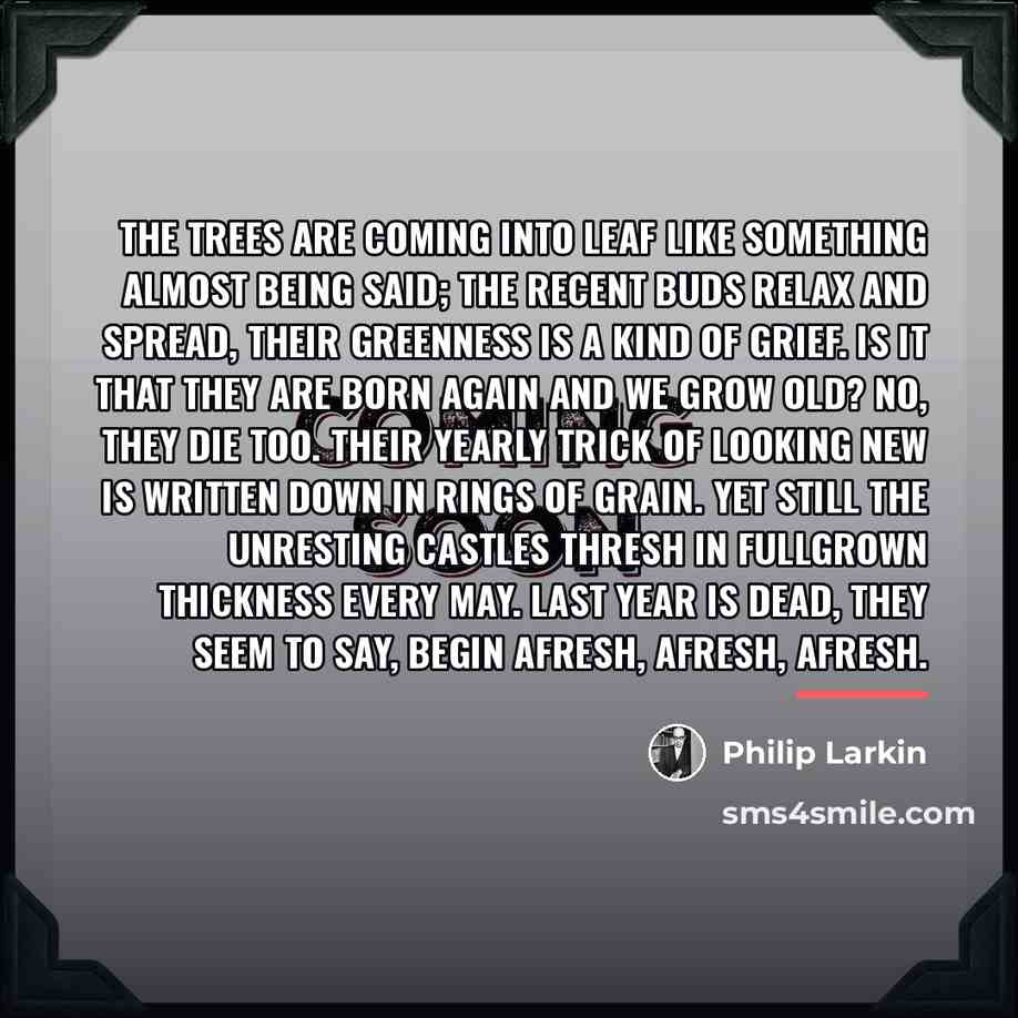“The trees are coming into leaf Like something almost being…” quote by Philip Larkin