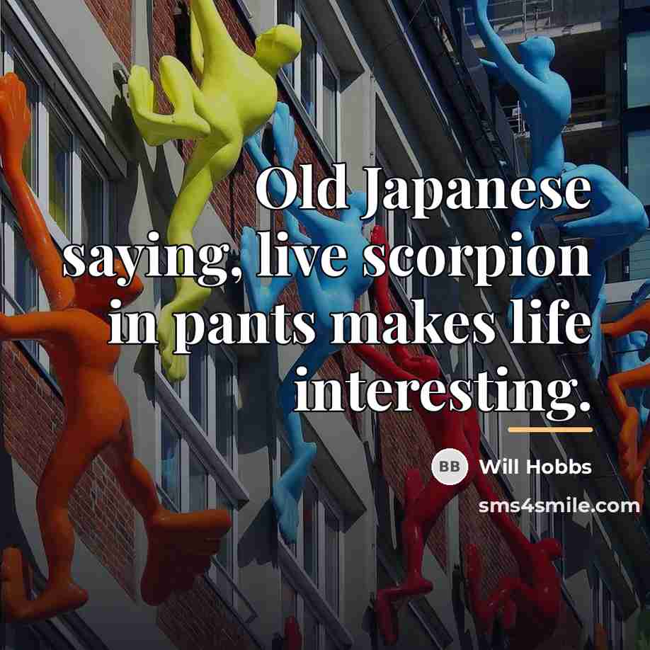 “Old Japanese saying, live scorpion in pants makes life interesting.…” quote by Will Hobbs