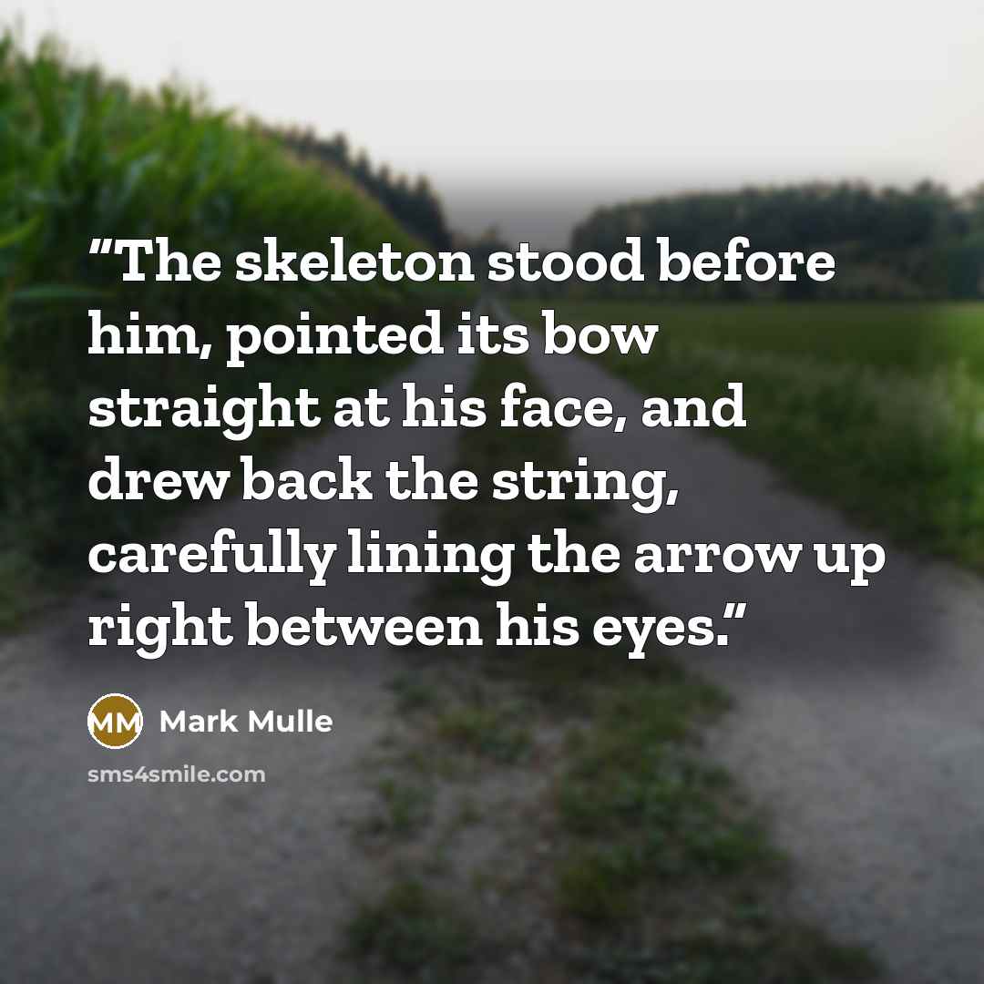 “The skeleton stood before him, pointed its bow straight at his face, and drew back the string, carefully lining the arrow up right between his eyes.” quote by Mark Mulle