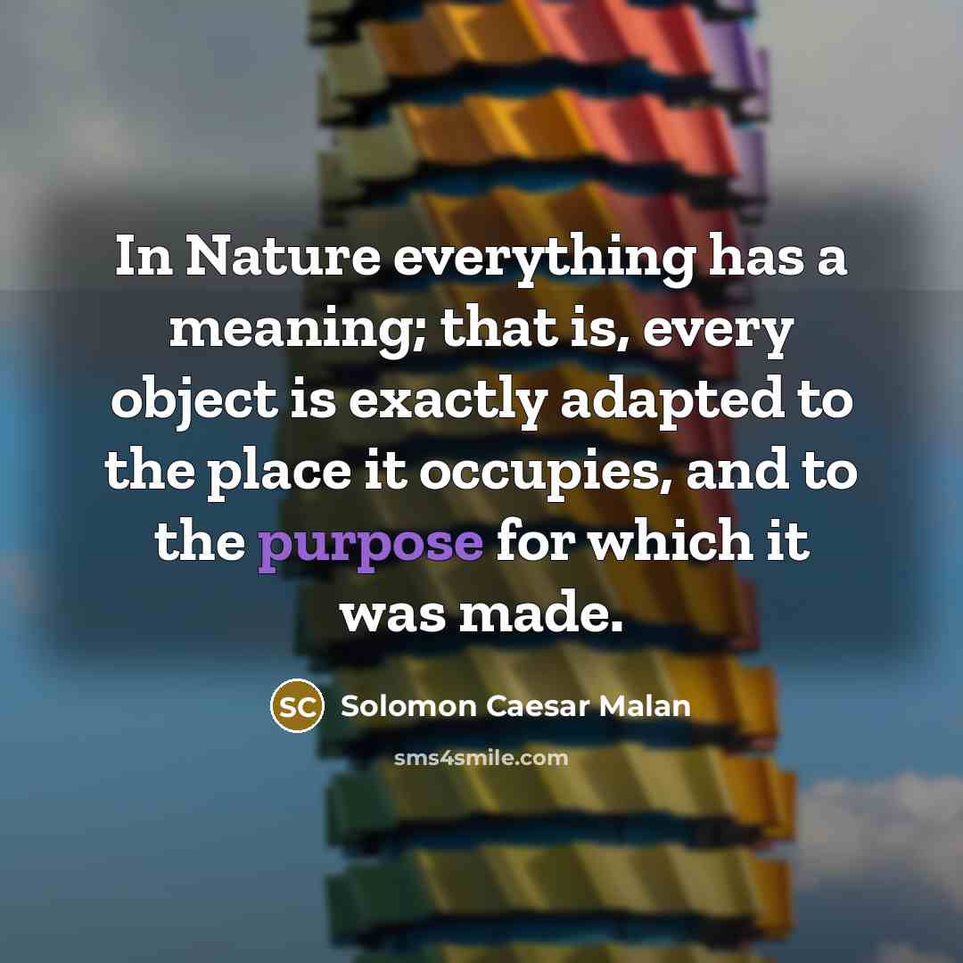 “In Nature everything has a meaning; that is, every object is exactly adapted to the place it occupies, and to the purpose for which it was made.” quote by Solomon Caesar Malan