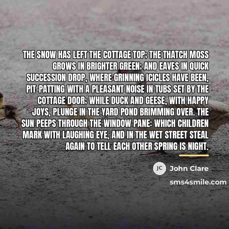 “The snow has left the cottage top; The thatch moss…” quote by John Clare