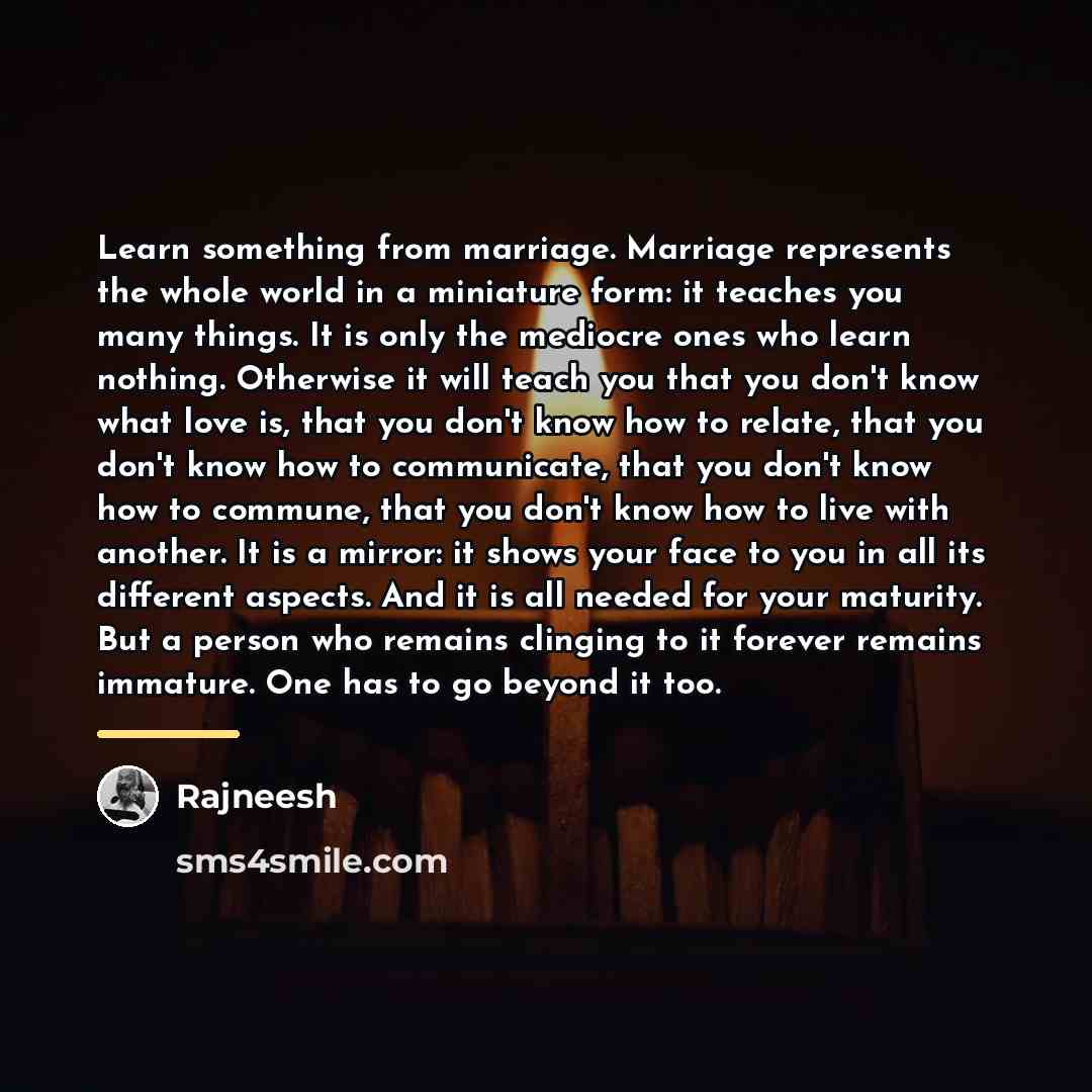 “Learn something from marriage. Marriage represents the whole world in…” quote by Rajneesh