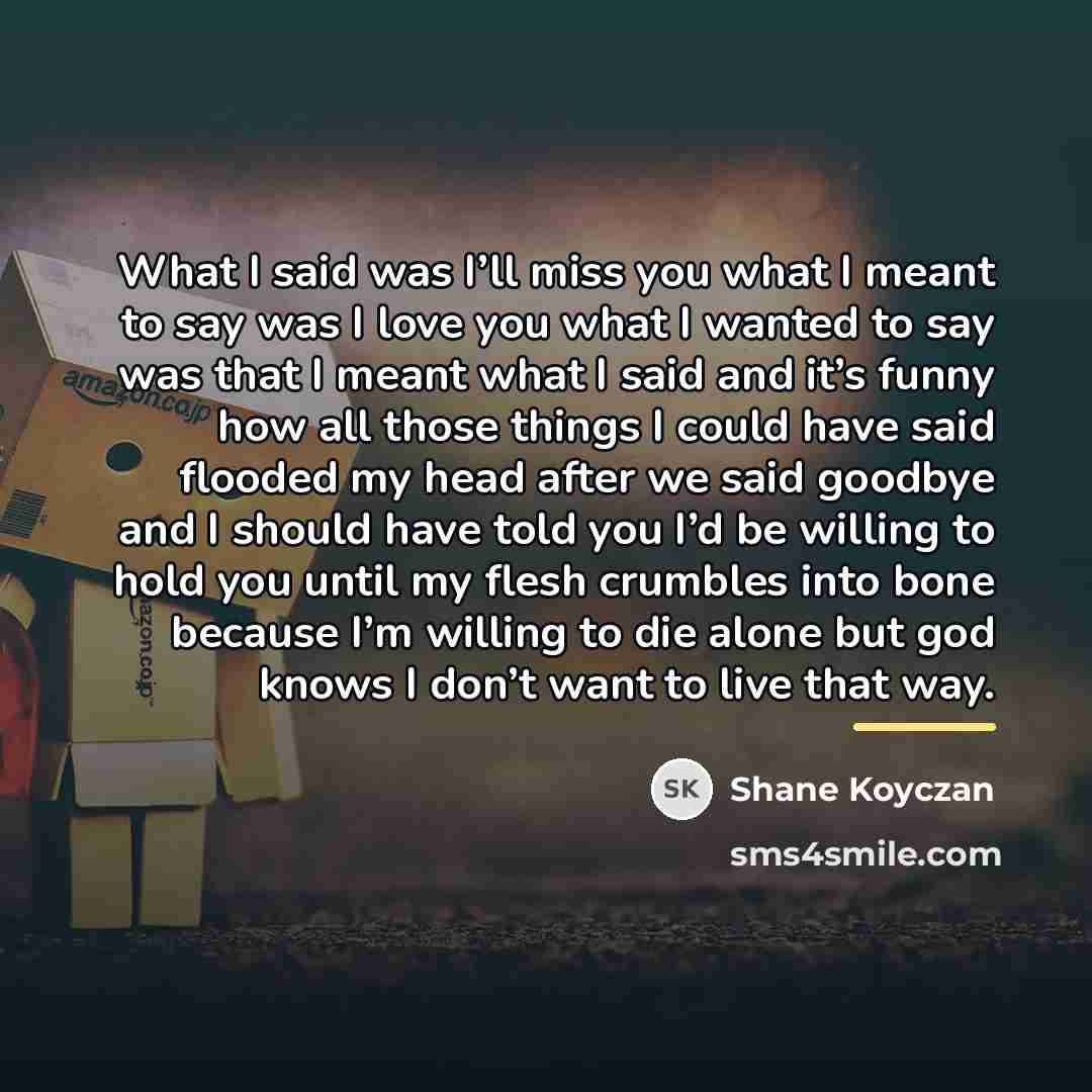 “What I said was I’ll miss you what I meant…” quote by Shane Koyczan