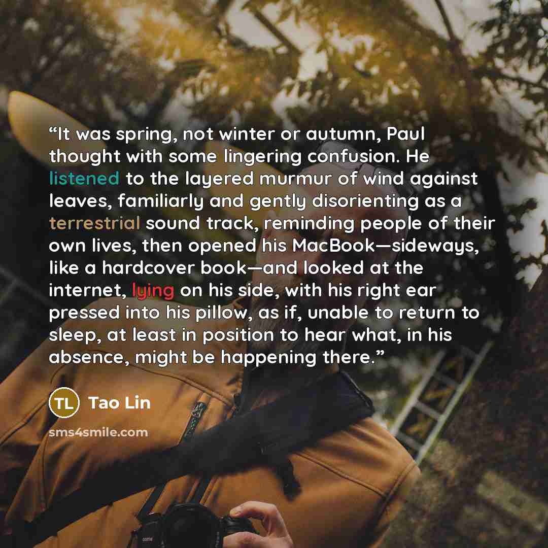 “It was spring, not winter or autumn, Paul thought with some lingering confusion. He listened to the layered murmur of wind against leaves, familiarly and gently disorienting as a terrestrial sound track, reminding people of their own lives, then opened his MacBook—sideways, like a hardcover…” quote by Tao Lin