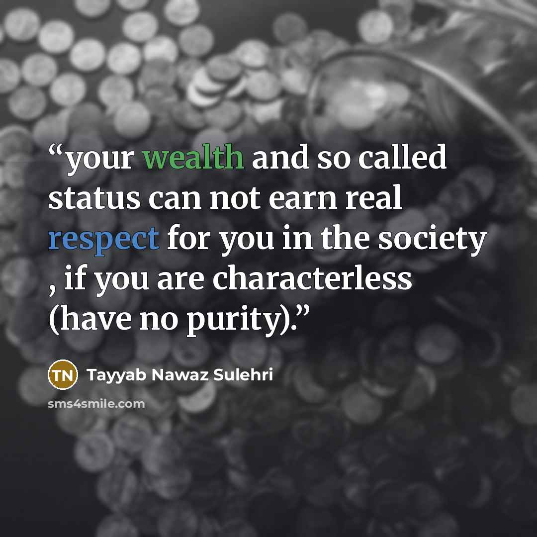 “your wealth and so called status can not earn real respect for you in the society , if you are characterless (have no purity).” quote by Tayyab Nawaz Sulehri