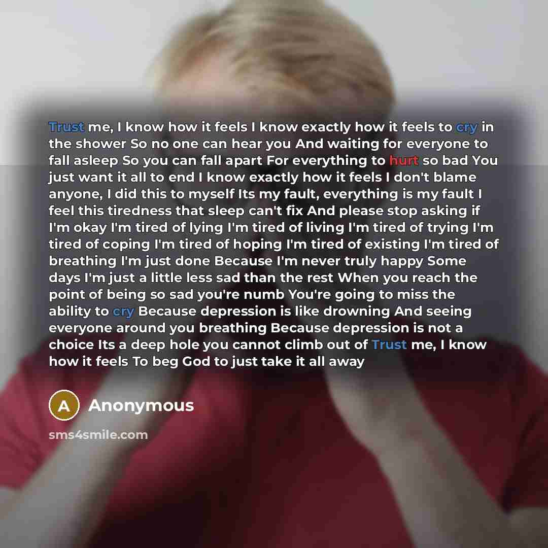“Trust me, I know how it feels I know exactly how it feels to cry in the shower So no one can hear you And waiting for everyone to fall asleep So you can fall apart For everything to hurt so bad You just want it all to end I know exactly how it feels I don't blame anyone, I did this to myself Its…” quote by Anonymous