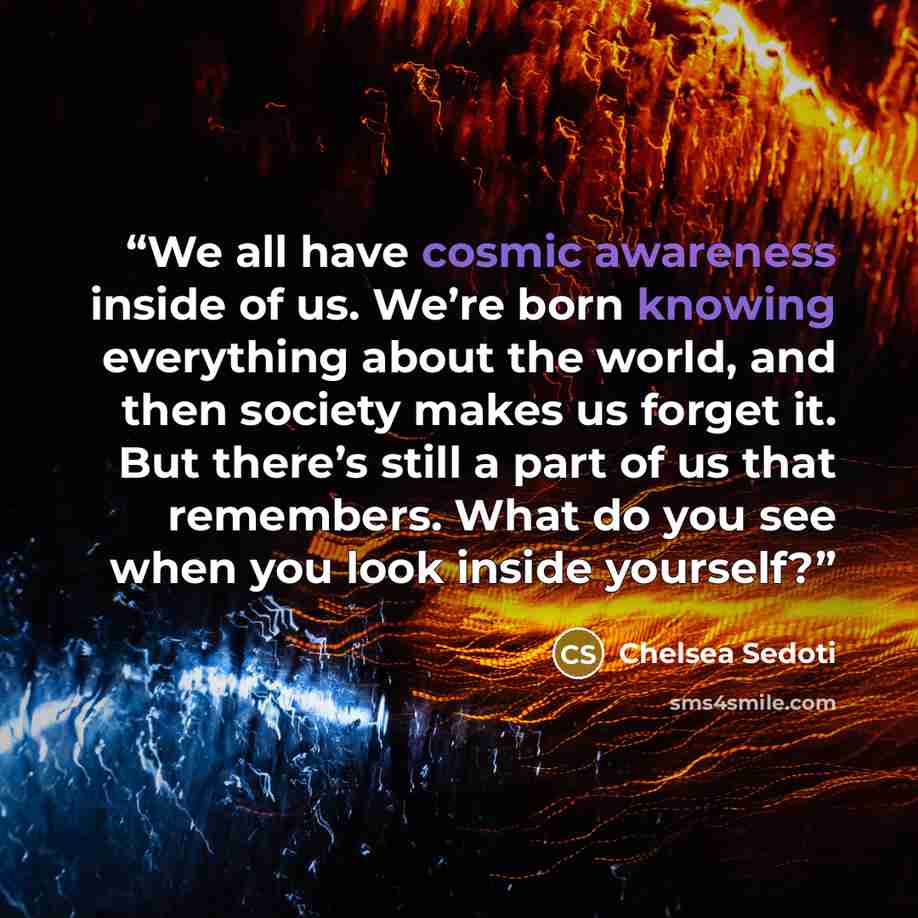 “We all have cosmic awareness inside of us. We’re born knowing everything about the world, and then society makes us forget it. But there’s still a part of us that remembers. What do you see when you look inside yourself?” quote by Chelsea Sedoti