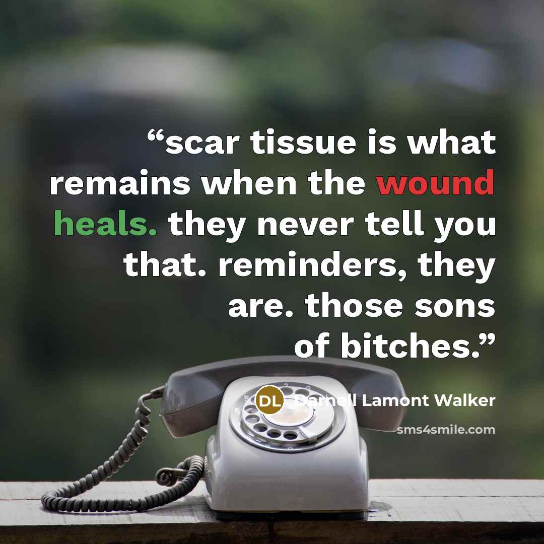 “scar tissue is what remains when the wound heals. they never tell you that. reminders, they are. those sons of bitches.” quote by Darnell Lamont Walker