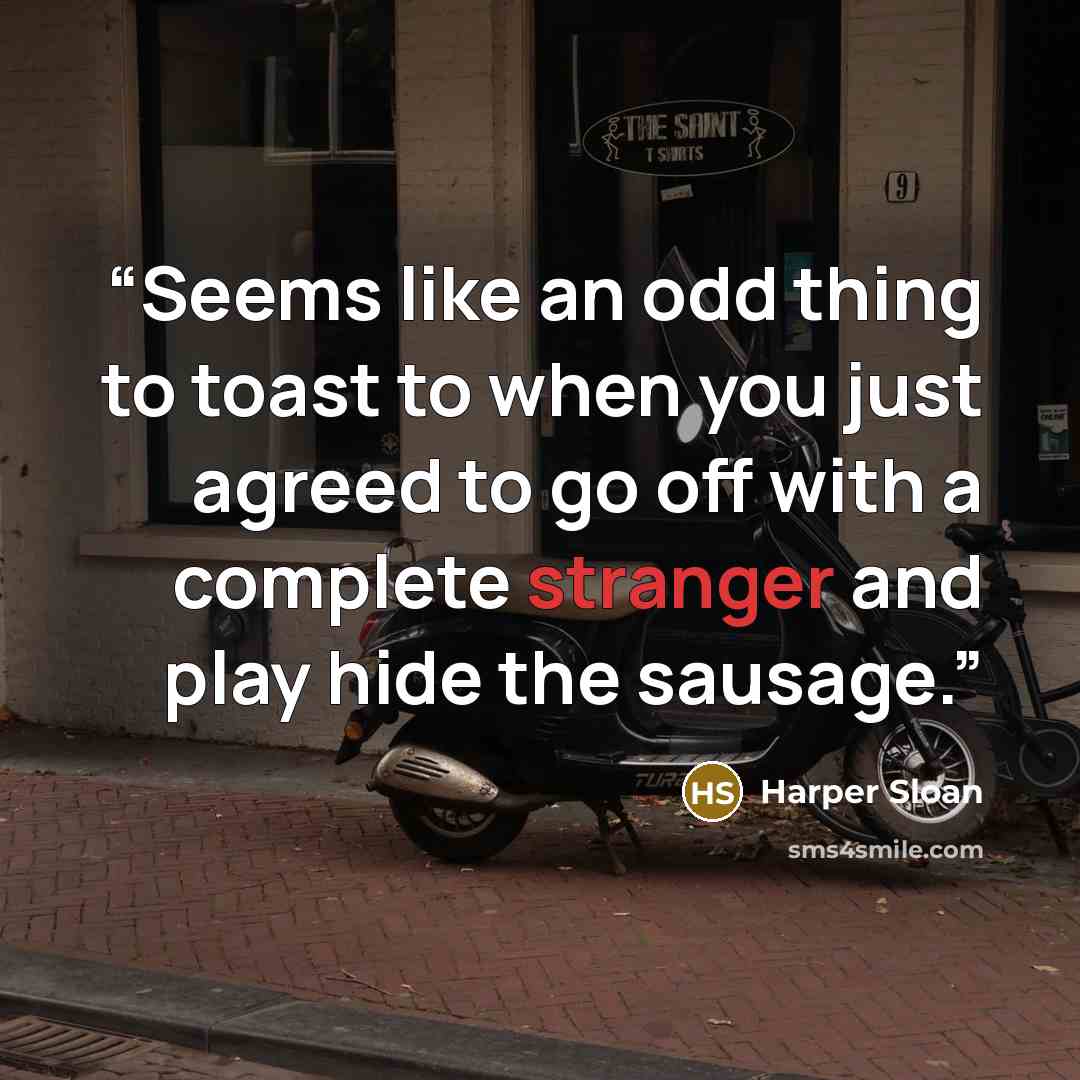 “Seems like an odd thing to toast to when you just agreed to go off with a complete stranger and play hide the sausage.” quote by Harper Sloan