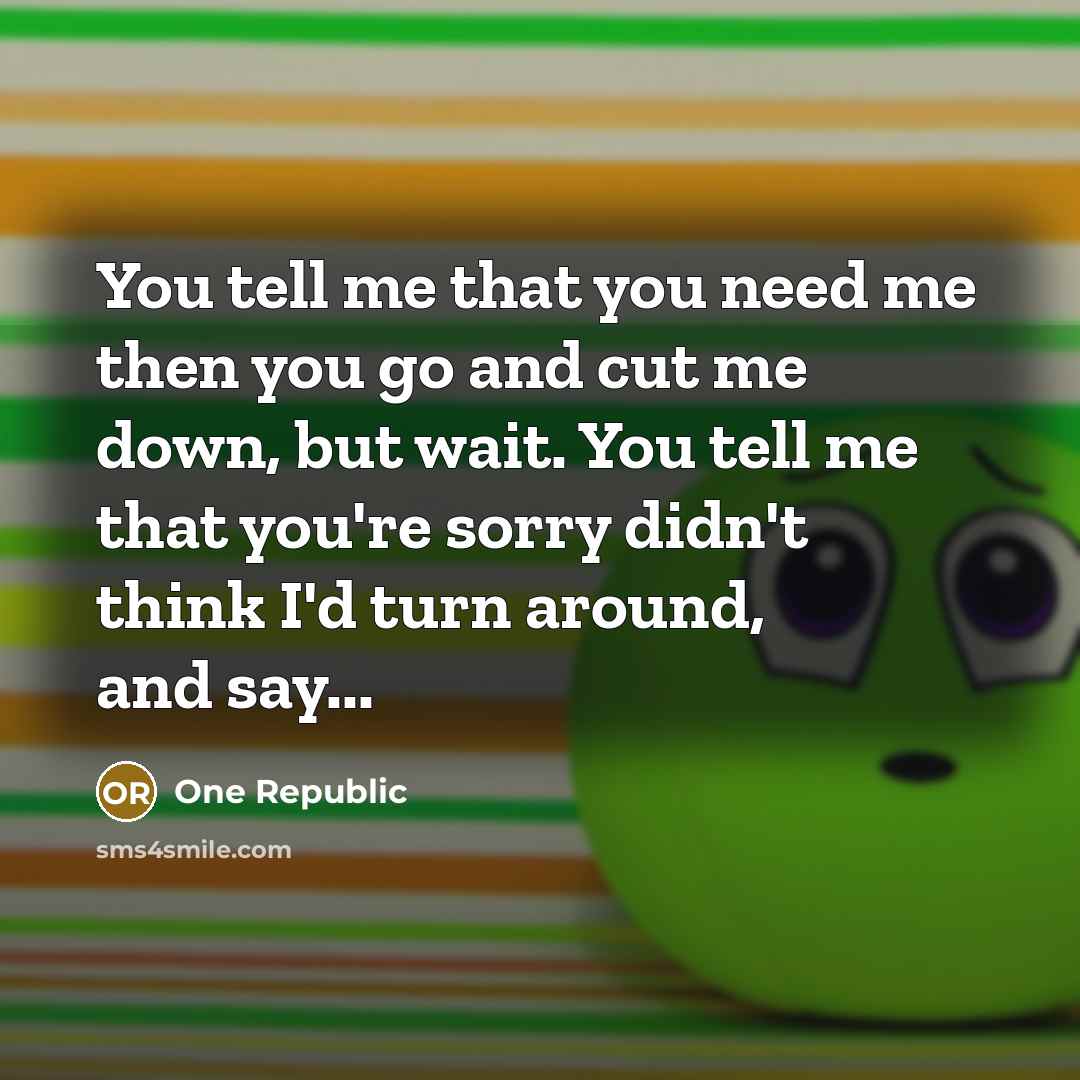 “You tell me that you need me then you go and cut me down, but wait. You tell me that you're sorry didn't think I'd turn around, and say...” quote by One Republic