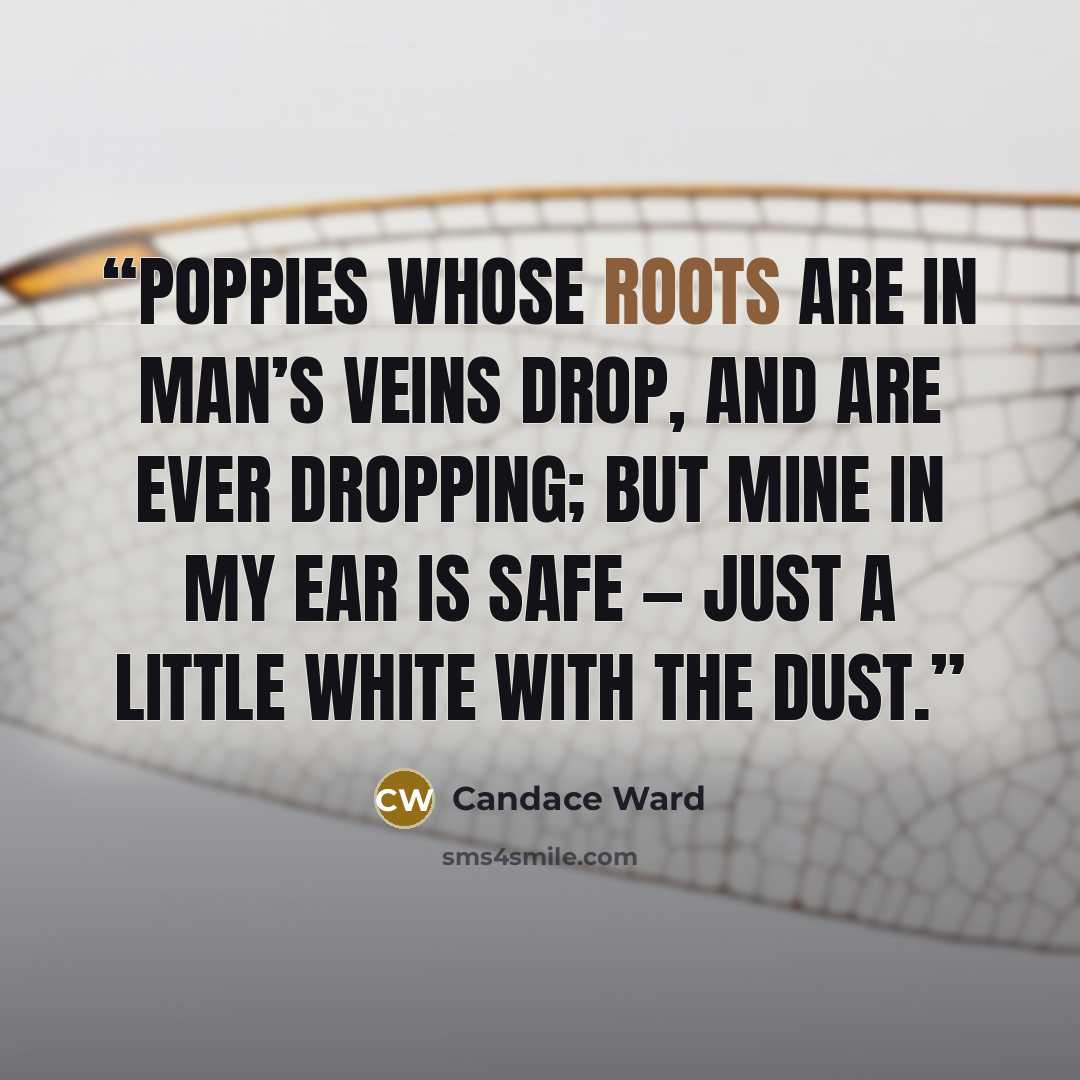 “Poppies whose roots are in man’s veins Drop, and are ever dropping; But mine in my ear is safe — Just a little white with the dust.” quote by Candace Ward