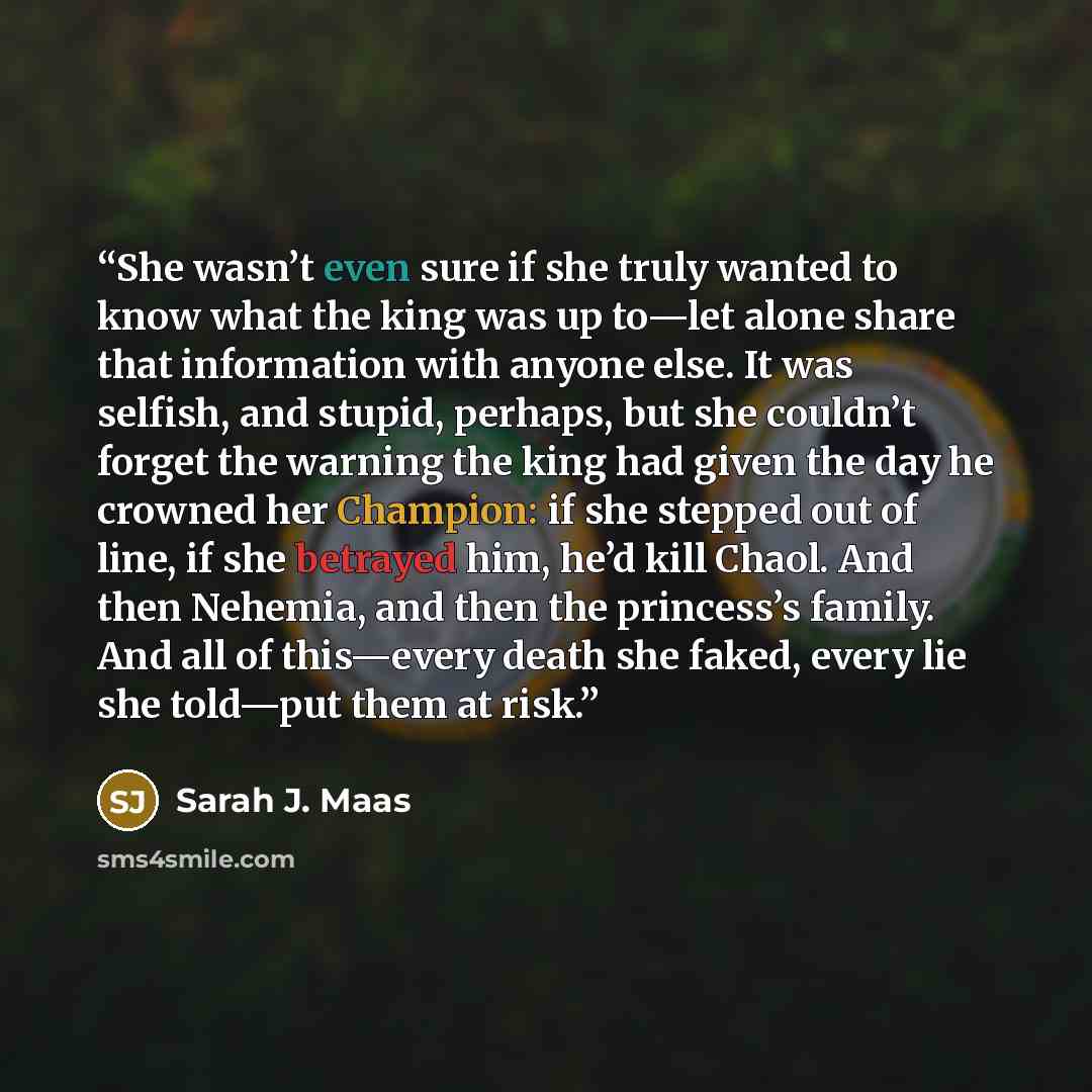 “She wasn’t even sure if she truly wanted to know what the king was up to—let alone share that information with anyone else. It was selfish, and stupid, perhaps, but she couldn’t forget the warning the king had given the day he crowned her Champion: if she stepped out of line, if she betrayed him…” quote by Sarah J. Maas