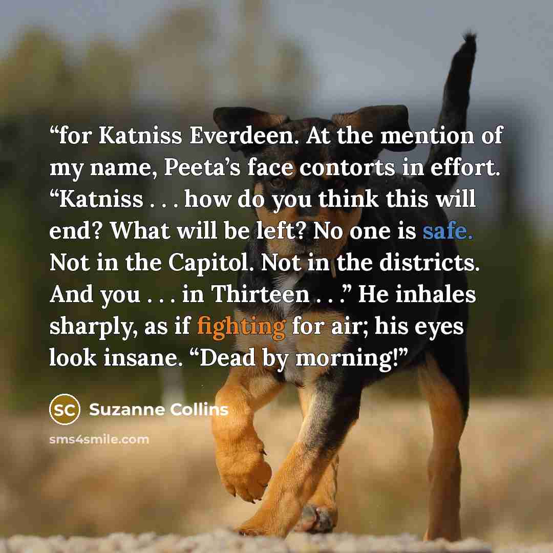 “for Katniss Everdeen. At the mention of my name, Peeta’s face contorts in effort. “Katniss . . . how do you think this will end? What will be left? No one is safe. Not in the Capitol. Not in the districts. And you . . . in Thirteen . . .” He inhales sharply, as if fighting for air; his eyes look…” quote by Suzanne Collins