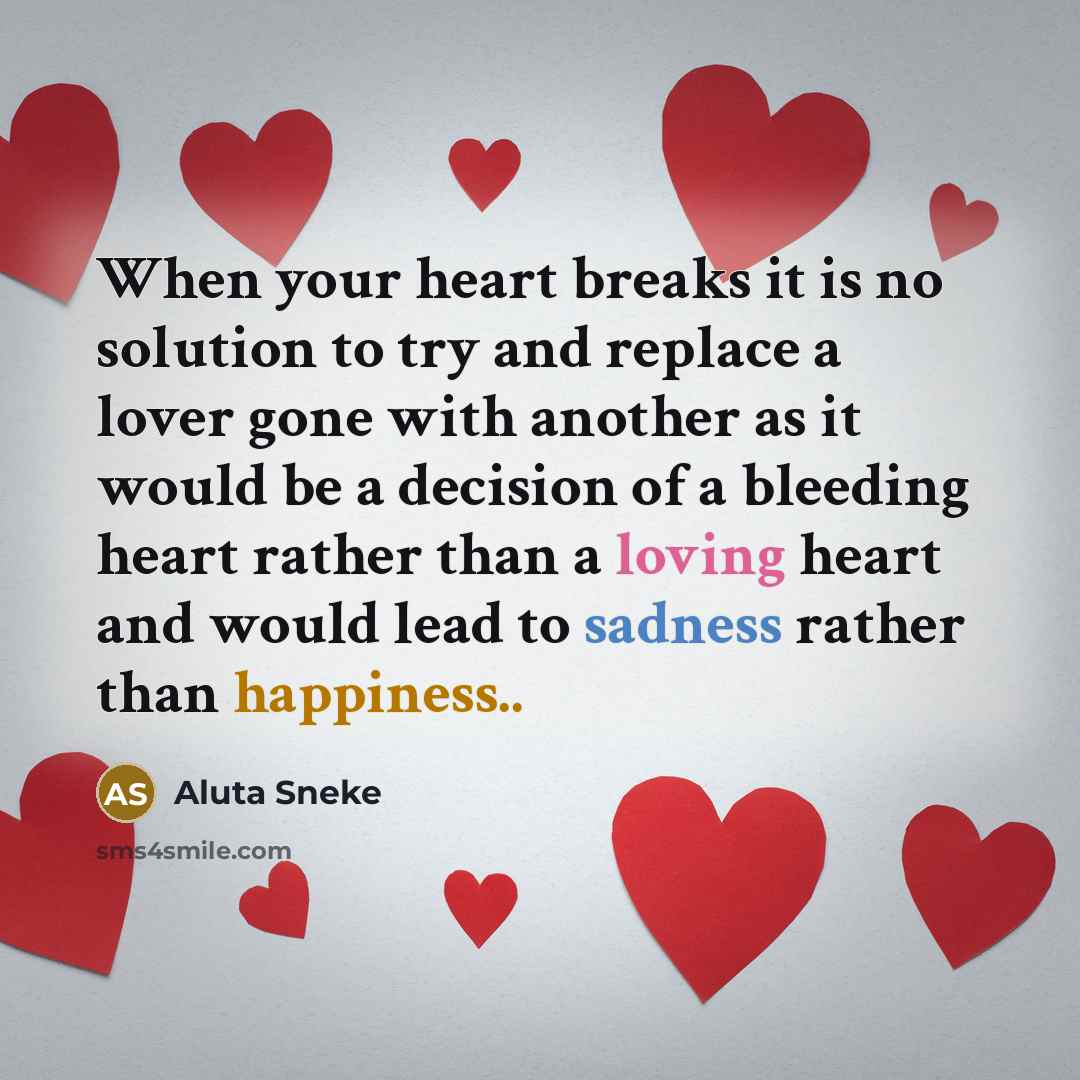 “When your heart breaks it is no solution to try and replace a lover gone with another as it would be a decision of a bleeding heart rather than a loving heart and would lead to sadness rather than happiness..” quote by Aluta Sneke