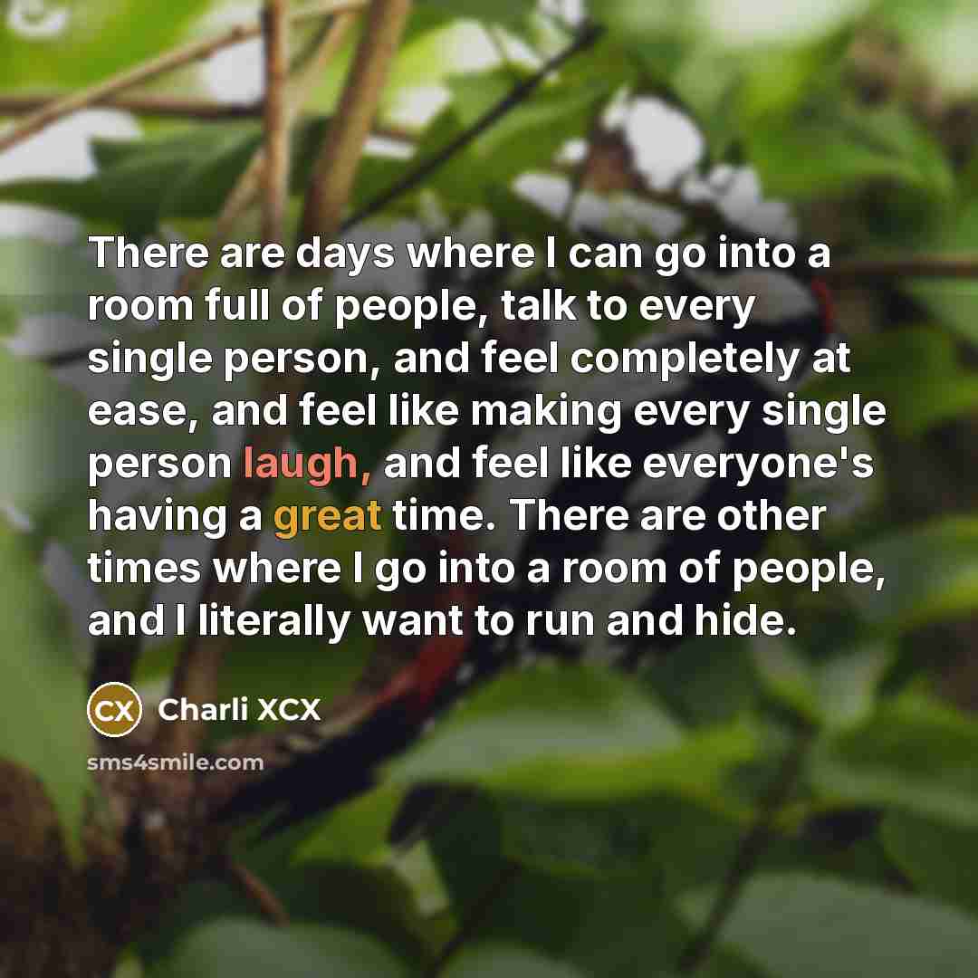 “There are days where I can go into a room full of people, talk to every single person, and feel completely at ease, and feel like making every single person laugh, and feel like everyone's having a great time. There are other times where I go into a room of people, and I literally want to run and…” quote by Charli XCX