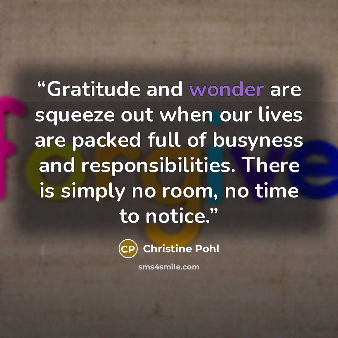 “Gratitude and wonder are squeeze out when our lives are packed full of busyness and responsibilities. There is simply no room, no time to notice.” quote by Christine Pohl