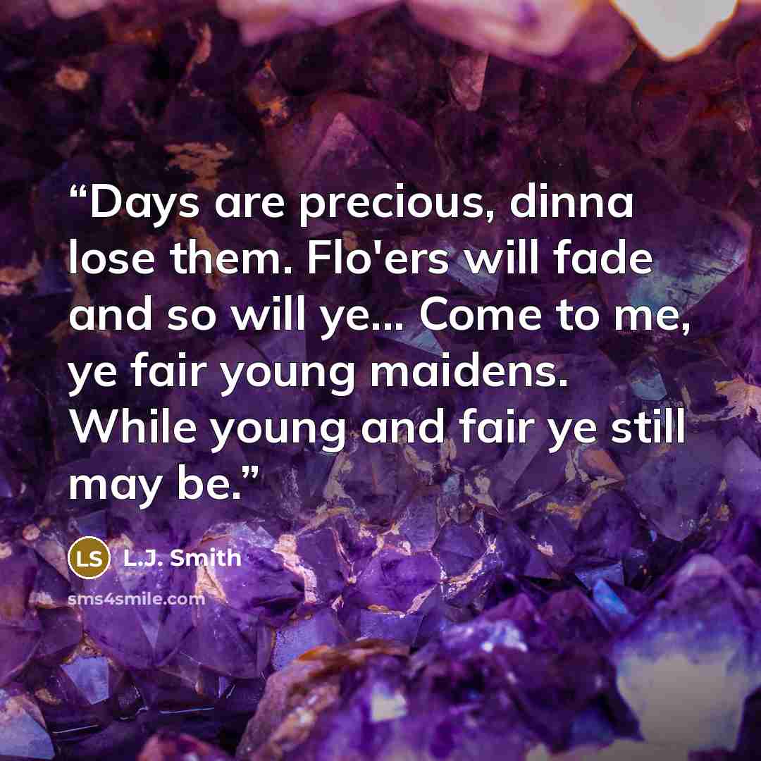 “Days are precious, dinna lose them. Flo'ers will fade and so will ye... Come to me, ye fair young maidens. While young and fair ye still may be.” quote by L.J. Smith