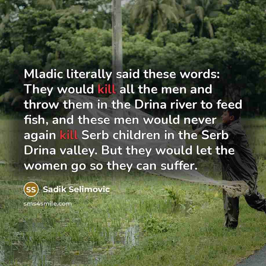 “Mladic literally said these words: They would kill all the men and throw them in the Drina river to feed fish, and these men would never again kill Serb children in the Serb Drina valley. But they would let the women go so they can suffer.” quote by Sadik Selimovic