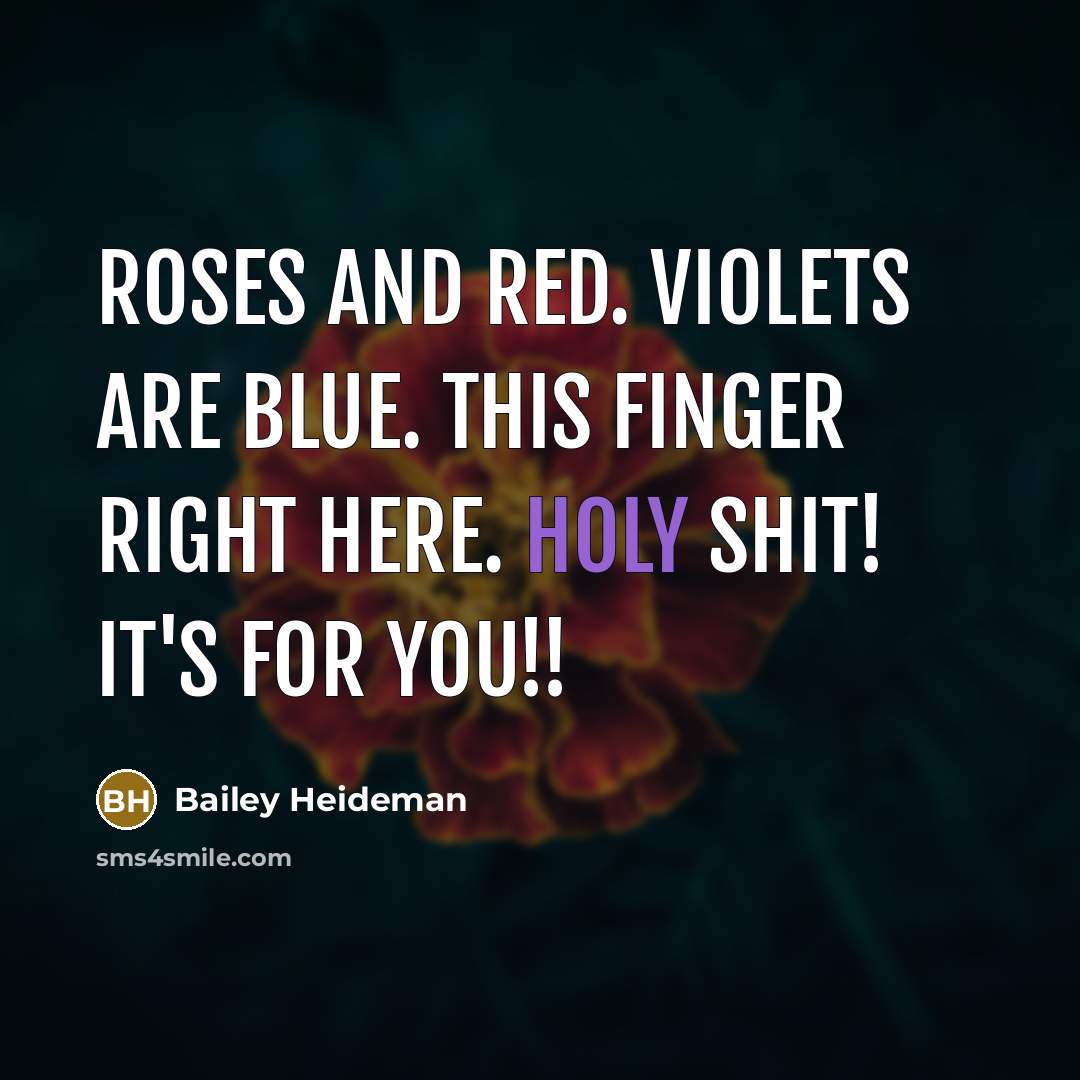 “Roses and red. Violets are blue. This finger right here. Holy shit! It's for you!!” quote by Bailey Heideman