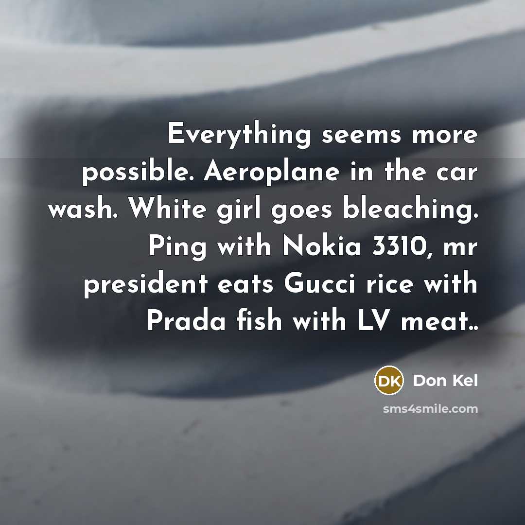 “Everything seems more possible. Aeroplane in the car wash. White girl goes bleaching. Ping with Nokia 3310, mr president eats Gucci rice with Prada fish with LV meat..” quote by Don Kel