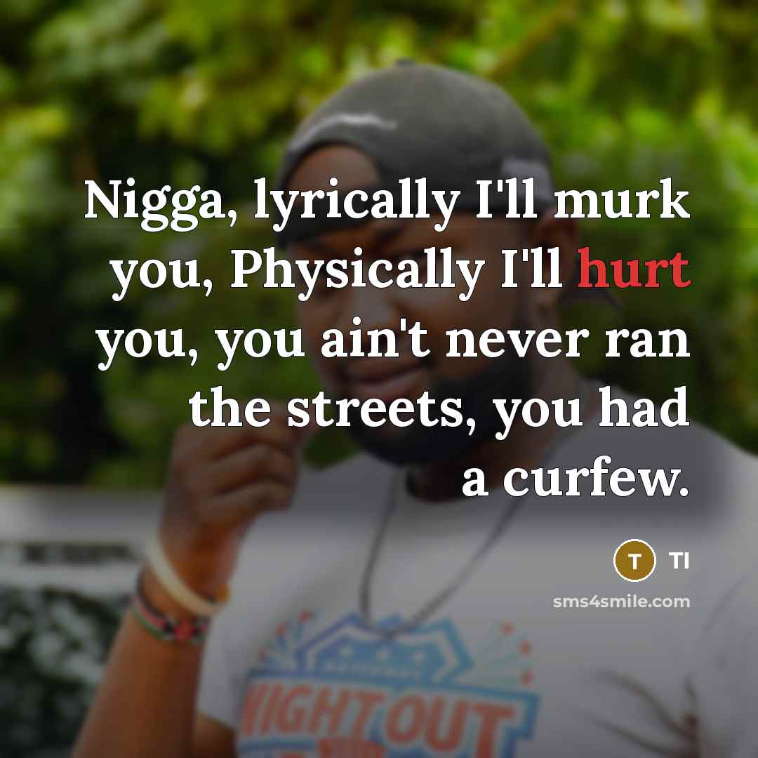 “Nigga, lyrically I'll murk you, Physically I'll hurt you, you…” quote by TI