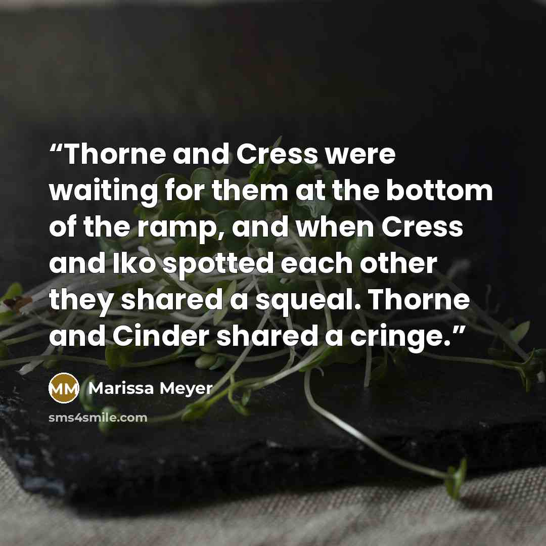 “Thorne and Cress were waiting for them at the bottom of the ramp, and when Cress and Iko spotted each other they shared a squeal. Thorne and Cinder shared a cringe.” quote by Marissa Meyer
