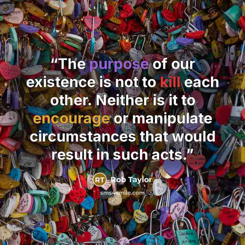 “The purpose of our existence is not to kill each other. Neither is it to encourage or manipulate circumstances that would result in such acts.” quote by Rob Taylor