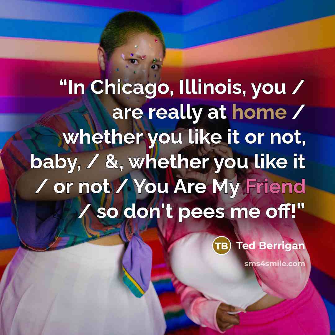 “In Chicago, Illinois, you / are really at home / whether you like it or not, baby, / &, whether you like it / or not / You Are My Friend / so don't pees me off!” quote by Ted Berrigan