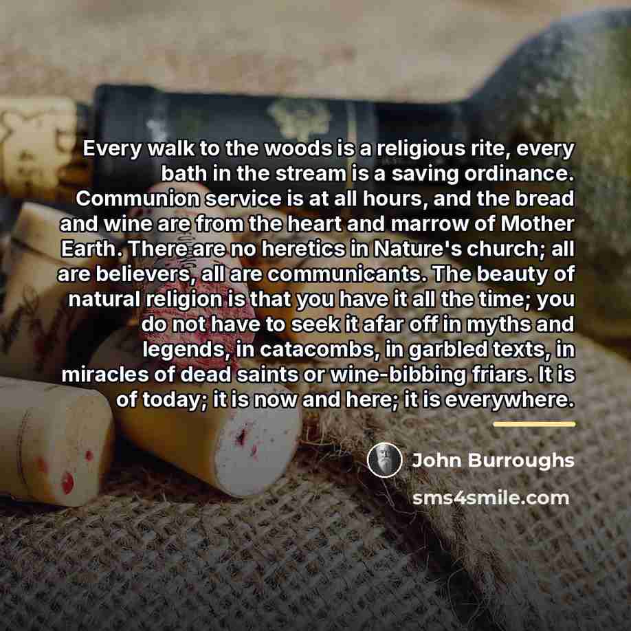 “Every walk to the woods is a religious rite, every…” quote by John Burroughs