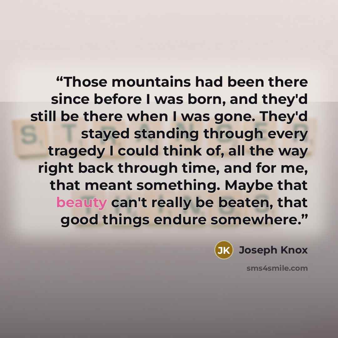 “Those mountains had been there since before I was born, and they'd still be there when I was gone. They'd stayed standing through every tragedy I could think of, all the way right back through time, and for me, that meant something. Maybe that beauty can't really be beaten, that good things endure…” quote by Joseph Knox