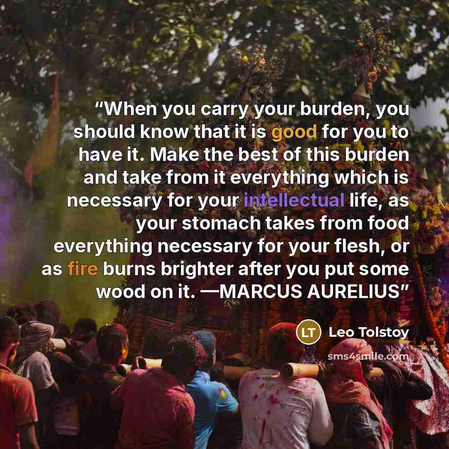 “When you carry your burden, you should know that it is good for you to have it. Make the best of this burden and take from it everything which is necessary for your intellectual life, as your stomach takes from food everything necessary for your flesh, or as fire burns brighter after you put some…” quote by Leo Tolstoy