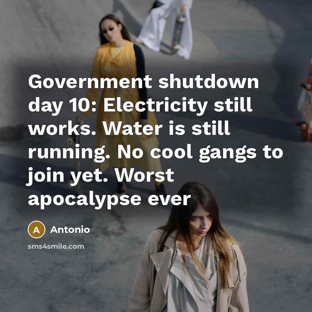 “Government shutdown day 10: Electricity still works. Water is still…” quote by Antonio