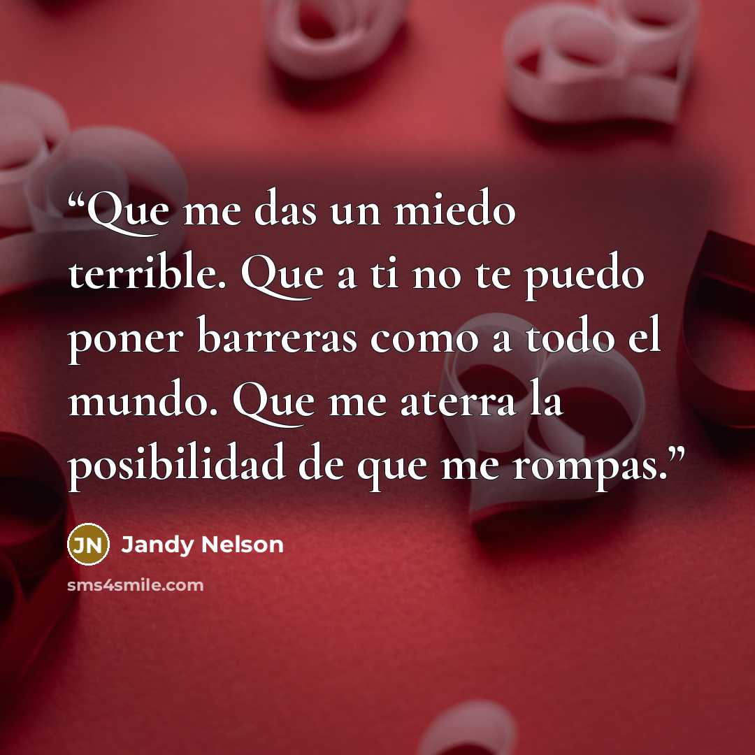 “Que me das un miedo terrible. Que a ti no te puedo poner barreras como a todo el mundo. Que me aterra la posibilidad de que me rompas.” quote by Jandy Nelson
