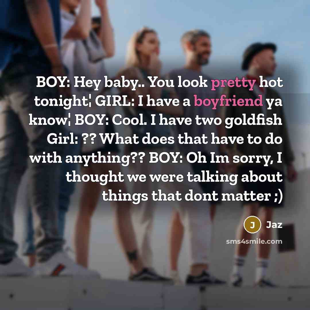 “BOY: Hey baby.. You look pretty hot tonight¦ GIRL: I have a boyfriend ya know¦ BOY: Cool. I have two goldfish Girl: ?? What does that have to do with anything?? BOY: Oh Im sorry, I thought we were talking about things that dont matter ;)” quote by Jaz