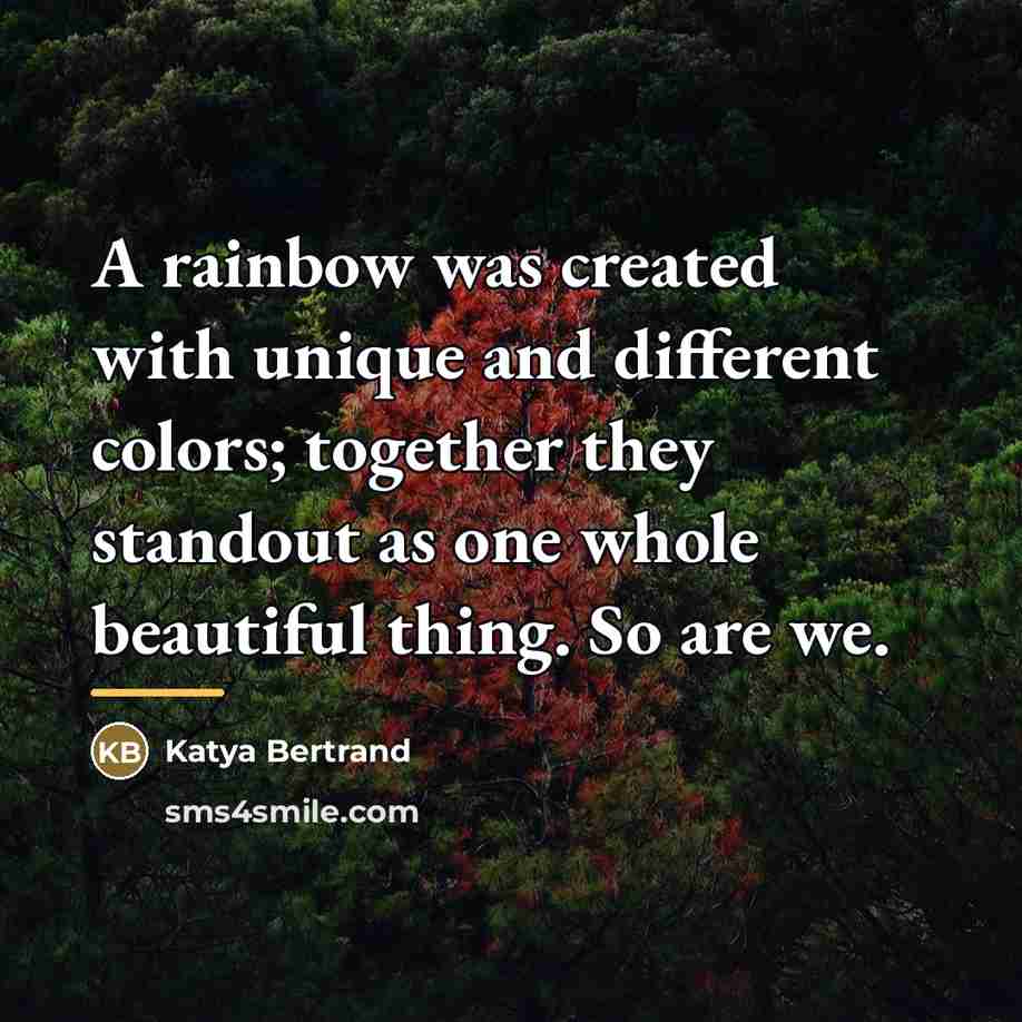 “A rainbow was created with unique and different colors; together…” quote by Katya Bertrand