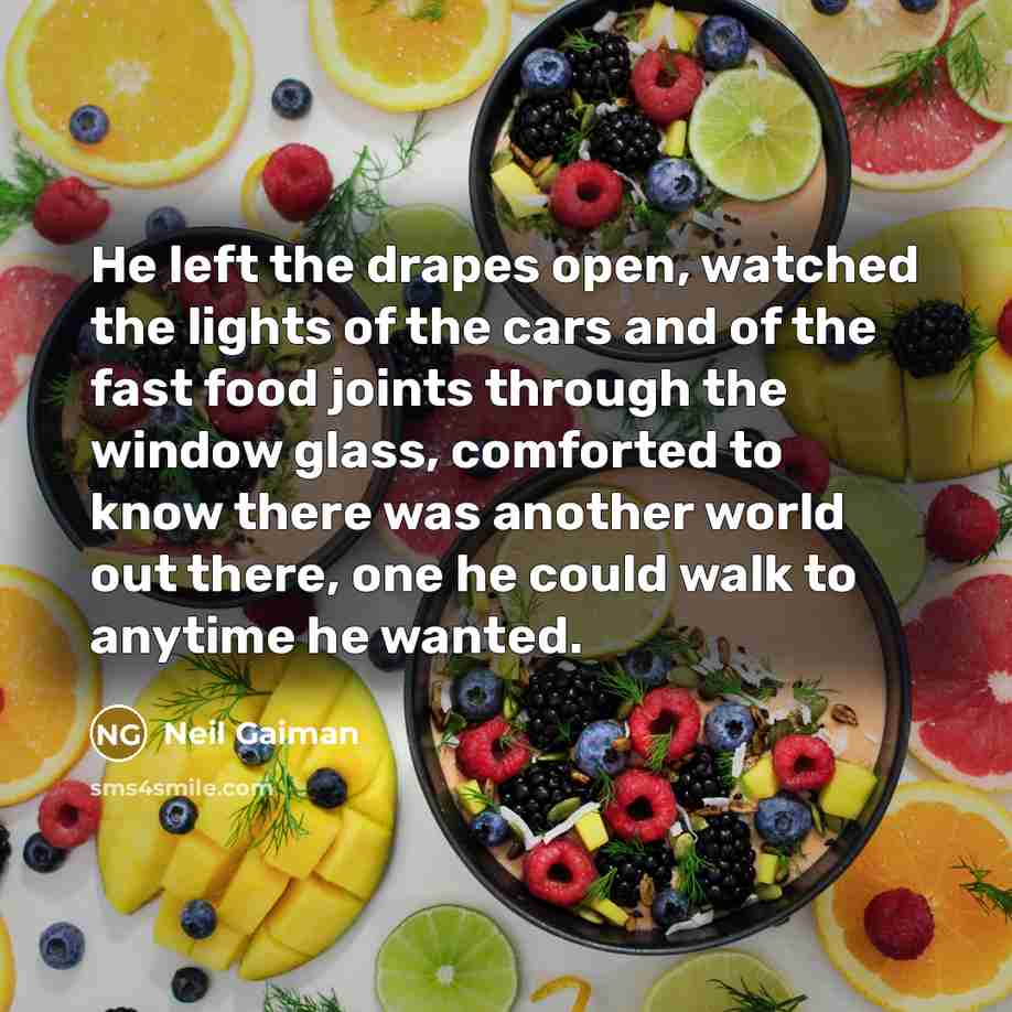 “He left the drapes open, watched the lights of the…” quote by Neil Gaiman