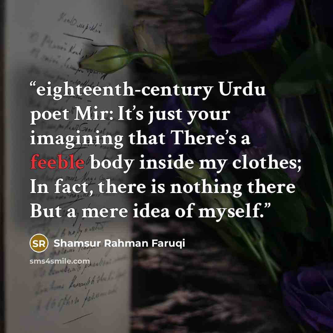“eighteenth-century Urdu poet Mir: It’s just your imagining that There’s a feeble body inside my clothes; In fact, there is nothing there But a mere idea of myself.” quote by Shamsur Rahman Faruqi