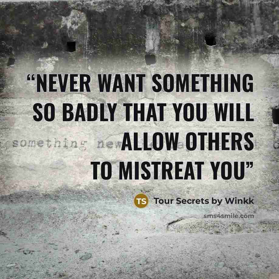 “Never want something so badly that you will allow others to mistreat you” quote by Tour Secrets by Winkk