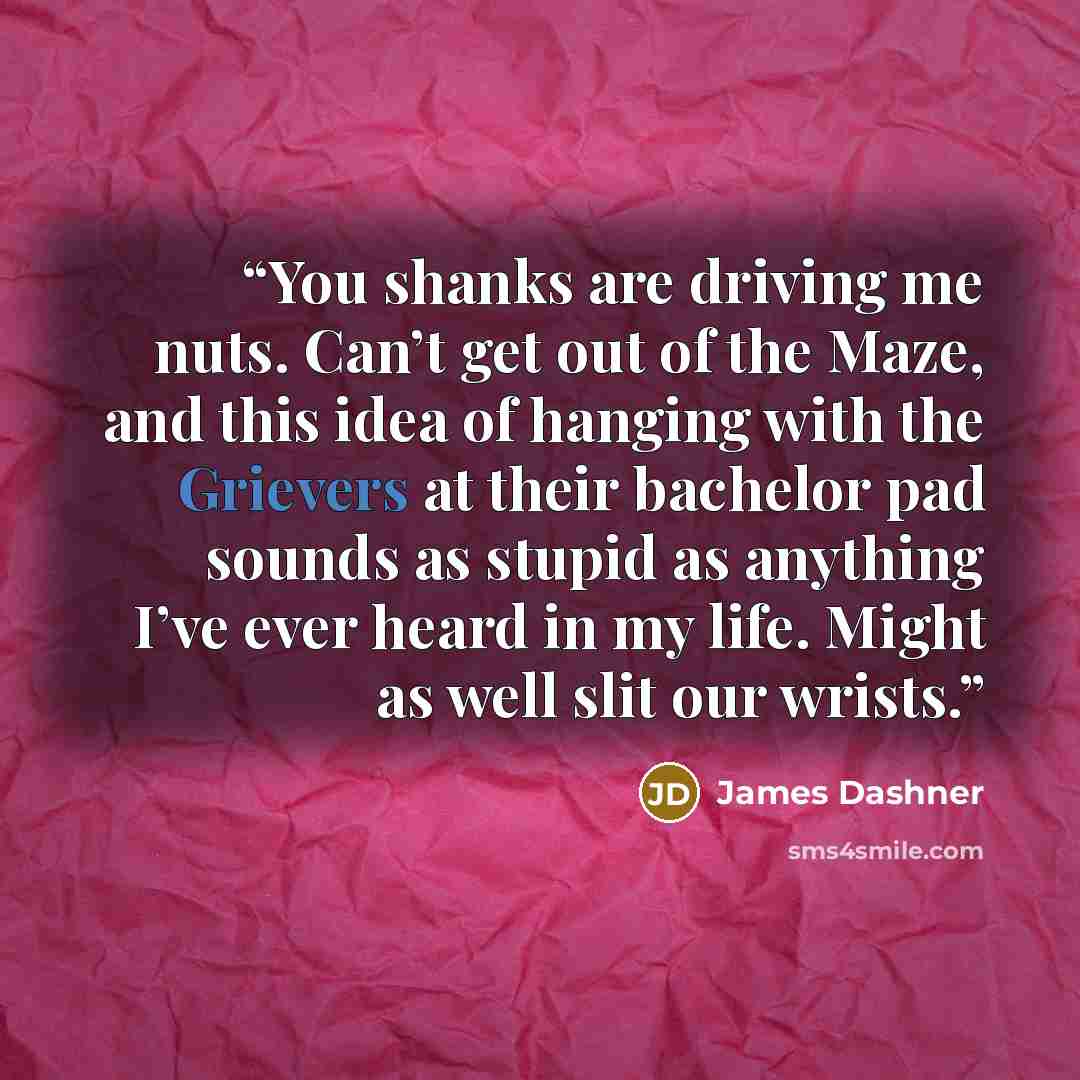 “You shanks are driving me nuts. Can’t get out of the Maze, and this idea of hanging with the Grievers at their bachelor pad sounds as stupid as anything I’ve ever heard in my life. Might as well slit our wrists.” quote by James Dashner