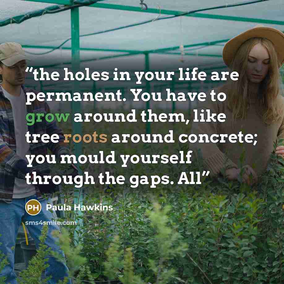 “the holes in your life are permanent. You have to grow around them, like tree roots around concrete; you mould yourself through the gaps. All” quote by Paula Hawkins