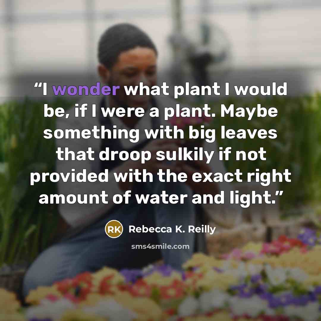 “I wonder what plant I would be, if I were a plant. Maybe something with big leaves that droop sulkily if not provided with the exact right amount of water and light.” quote by Rebecca K. Reilly