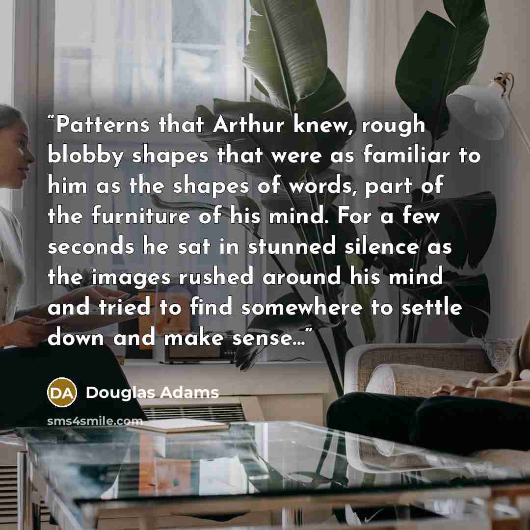 “Patterns that Arthur knew, rough blobby shapes that were as familiar to him as the shapes of words, part of the furniture of his mind. For a few seconds he sat in stunned silence as the images rushed around his mind and tried to find somewhere to settle down and make sense...” quote by Douglas Adams