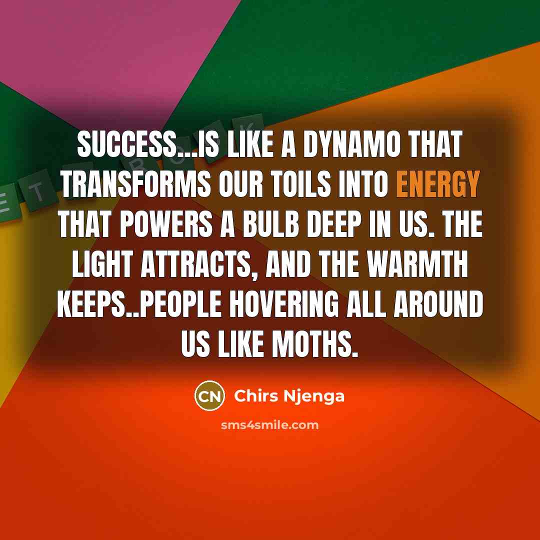 “Success...is like a dynamo that transforms our toils into energy that powers a bulb deep in us. The light attracts, and the warmth keeps..people hovering all around us like moths.” quote by Chirs Njenga