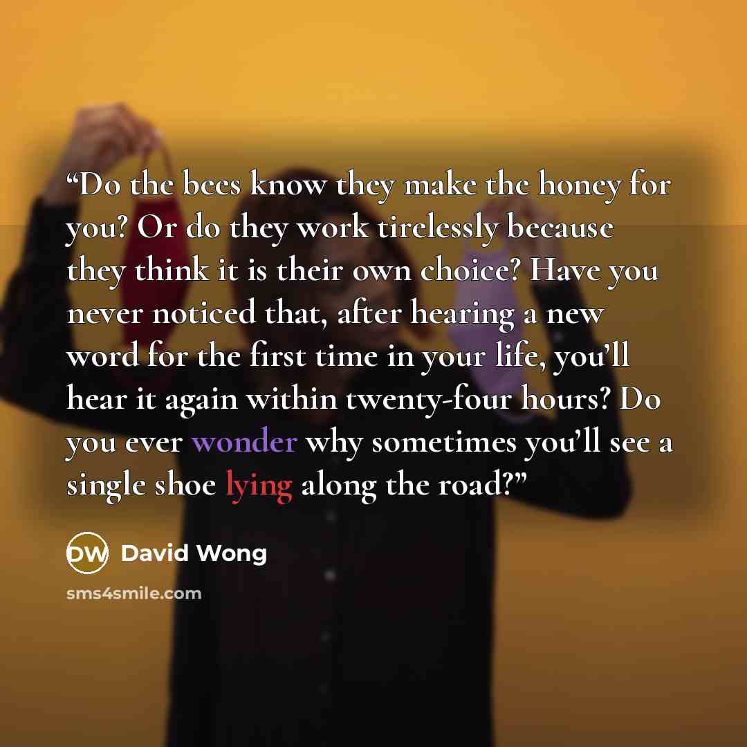 “Do the bees know they make the honey for you? Or do they work tirelessly because they think it is their own choice? Have you never noticed that, after hearing a new word for the first time in your life, you’ll hear it again within twenty-four hours? Do you ever wonder why sometimes you’ll see a…” quote by David Wong