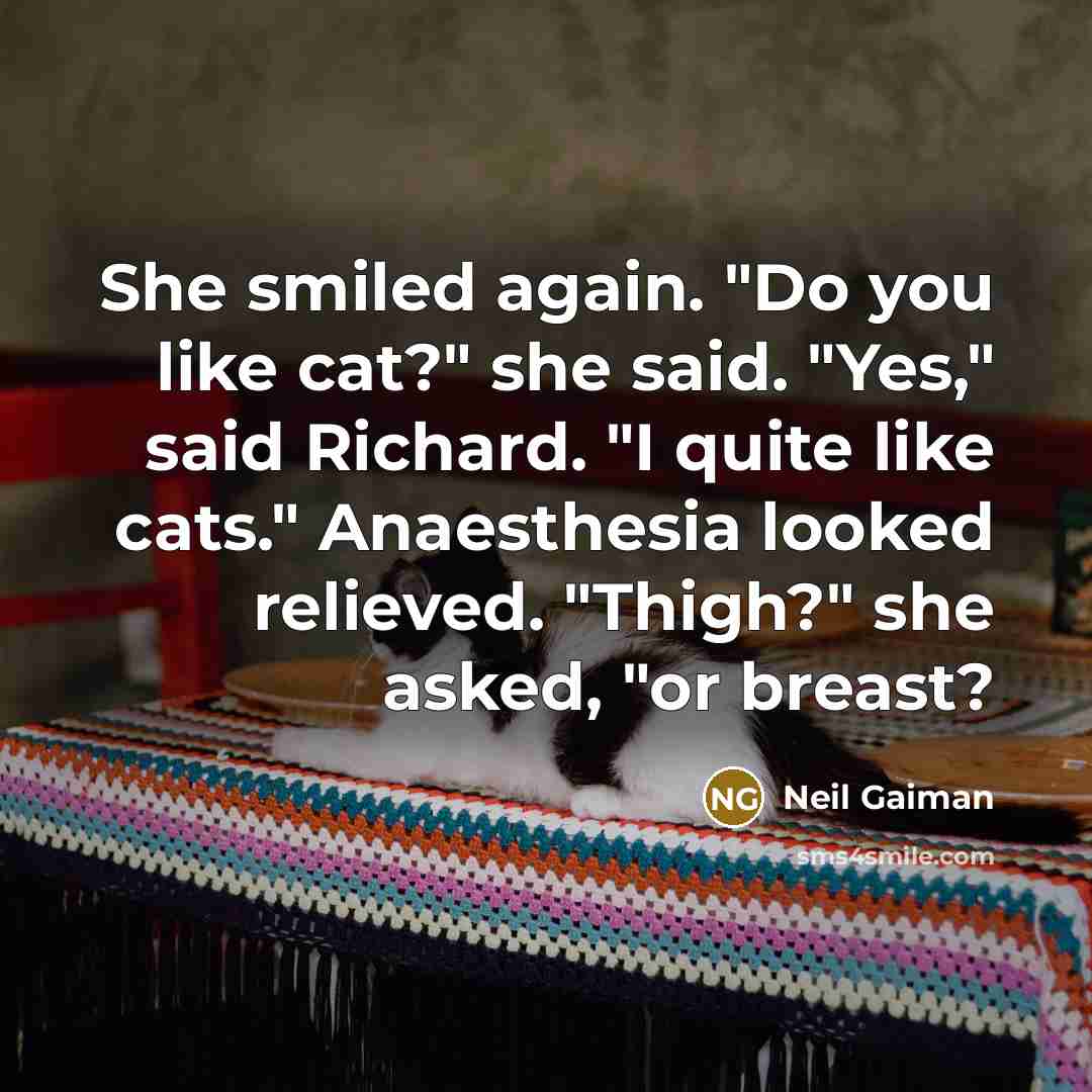 “She smiled again. "Do you like cat?" she said. "Yes,"…” quote by Neil Gaiman