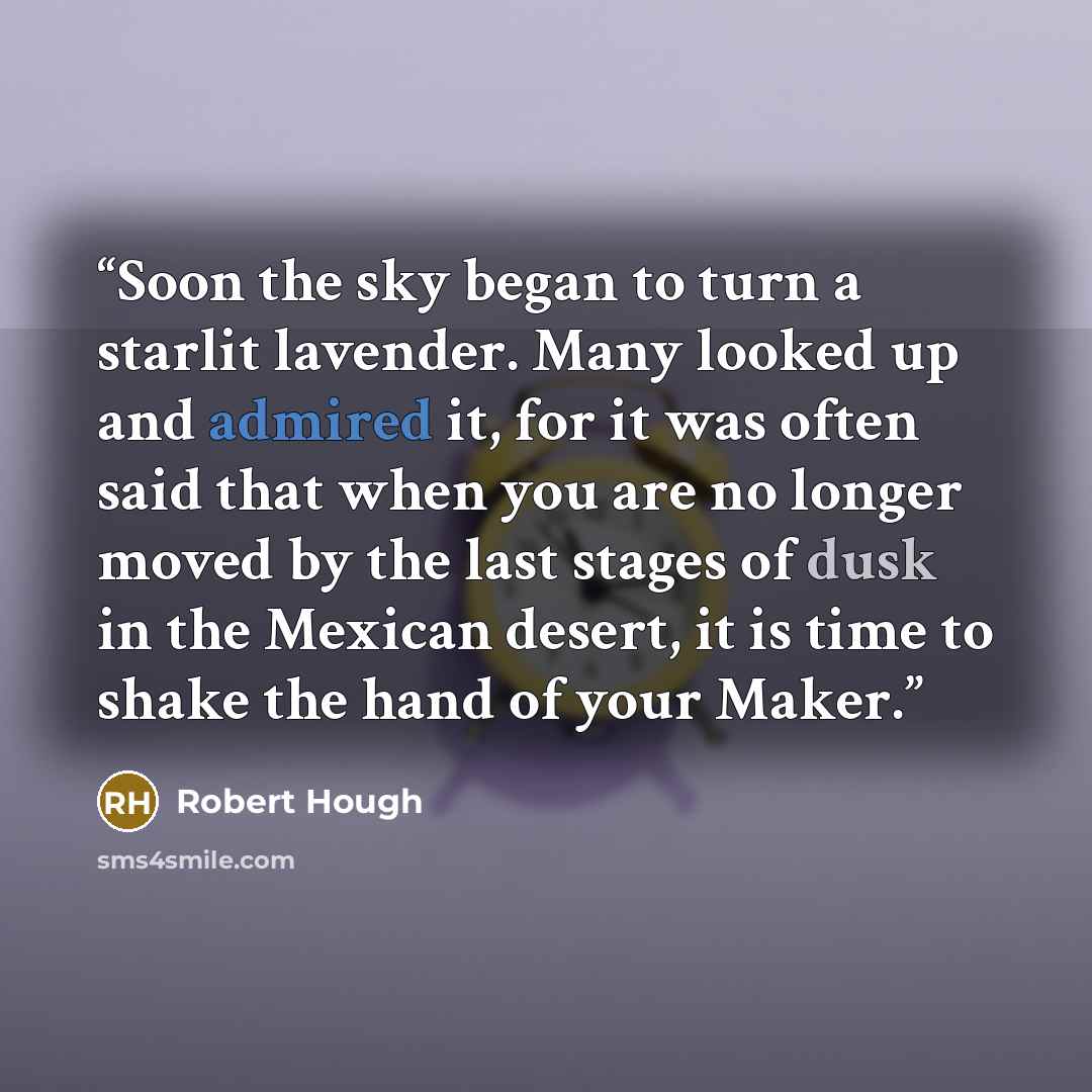 “Soon the sky began to turn a starlit lavender. Many looked up and admired it, for it was often said that when you are no longer moved by the last stages of dusk in the Mexican desert, it is time to shake the hand of your Maker.” quote by Robert Hough