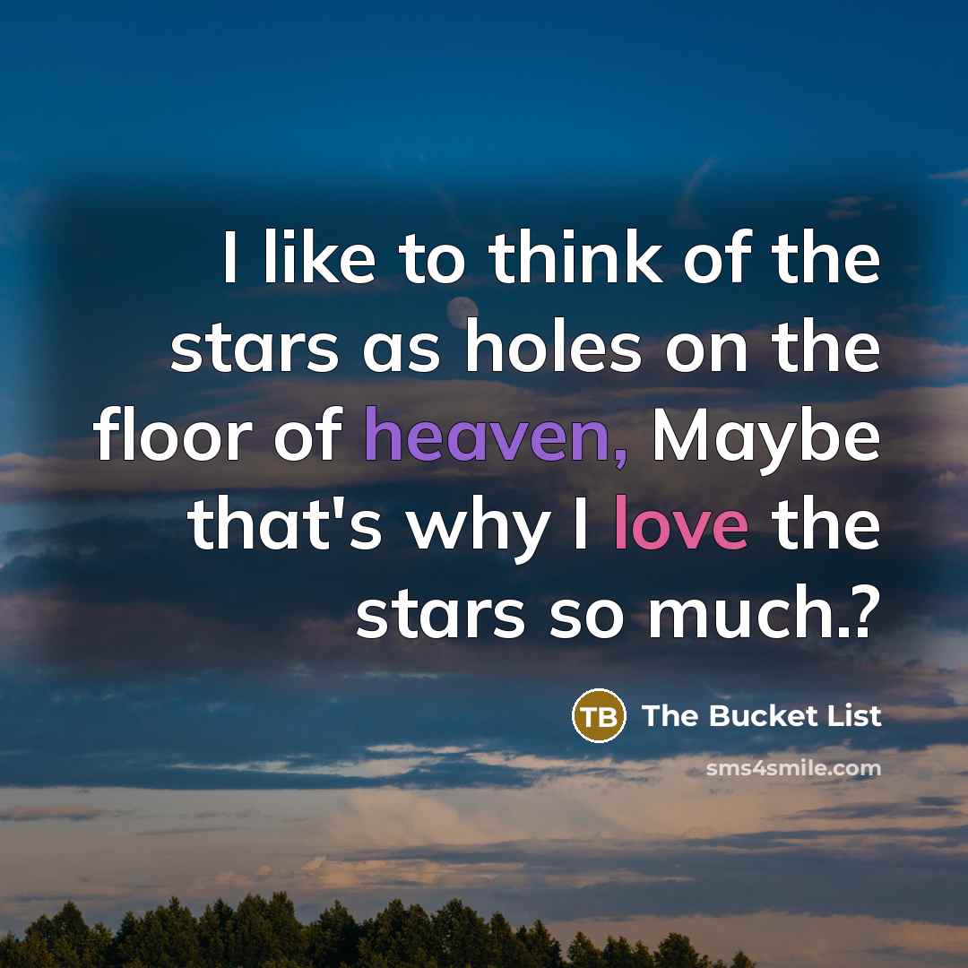 “I like to think of the stars as holes on the floor of heaven, Maybe that's why I love the stars so much.?” quote by The Bucket List