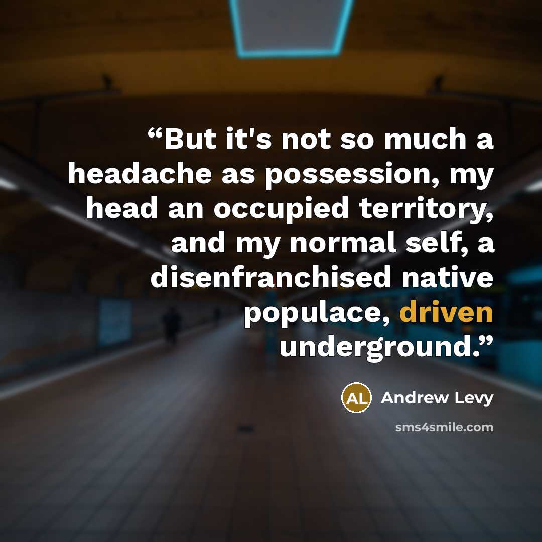 “But it's not so much a headache as possession, my head an occupied territory, and my normal self, a disenfranchised native populace, driven underground.” quote by Andrew Levy